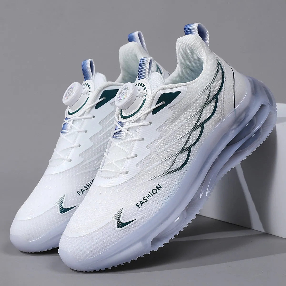 Men's white low-top lace-up casual running shoes with mesh upper and round toe.
