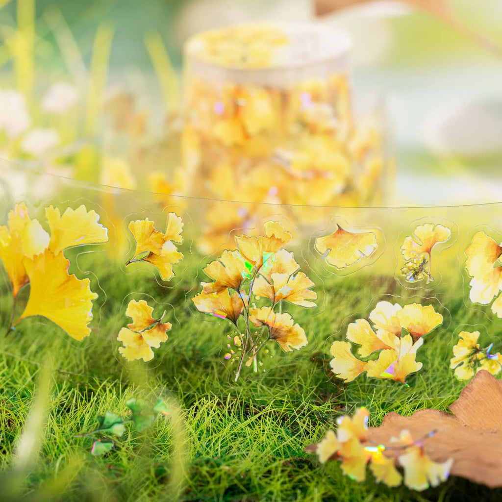 Roll of 40mm wide decorative stickers with autumn leaf designs including ginkgo and maple, 2 metres in length.