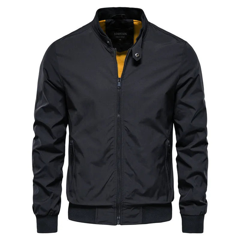 Men's solid colour thin polyester casual jacket in Army Green on a hanger.