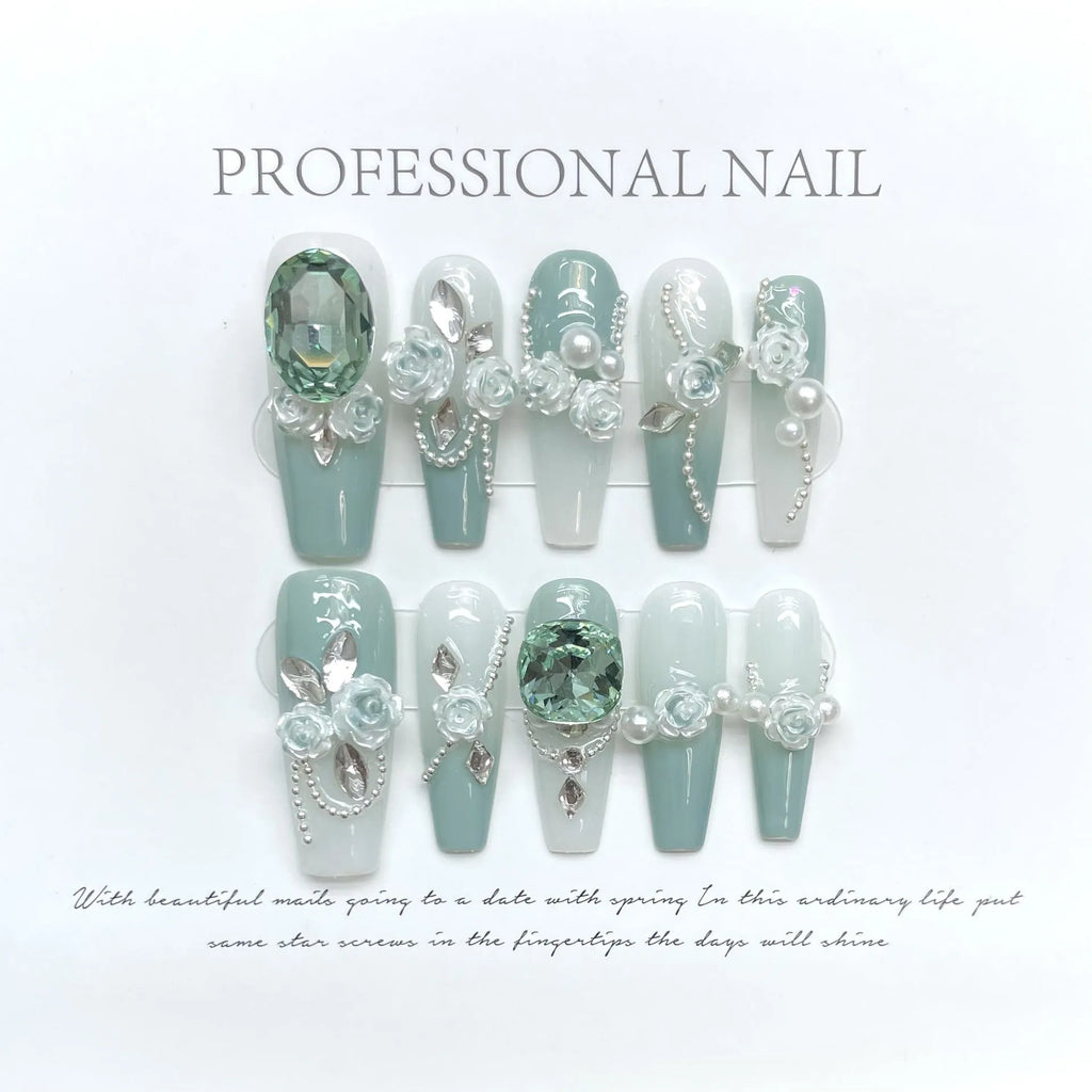 Camellia gradient nail art armour with diamond chains and bow butterfly design in sizes XS S M L