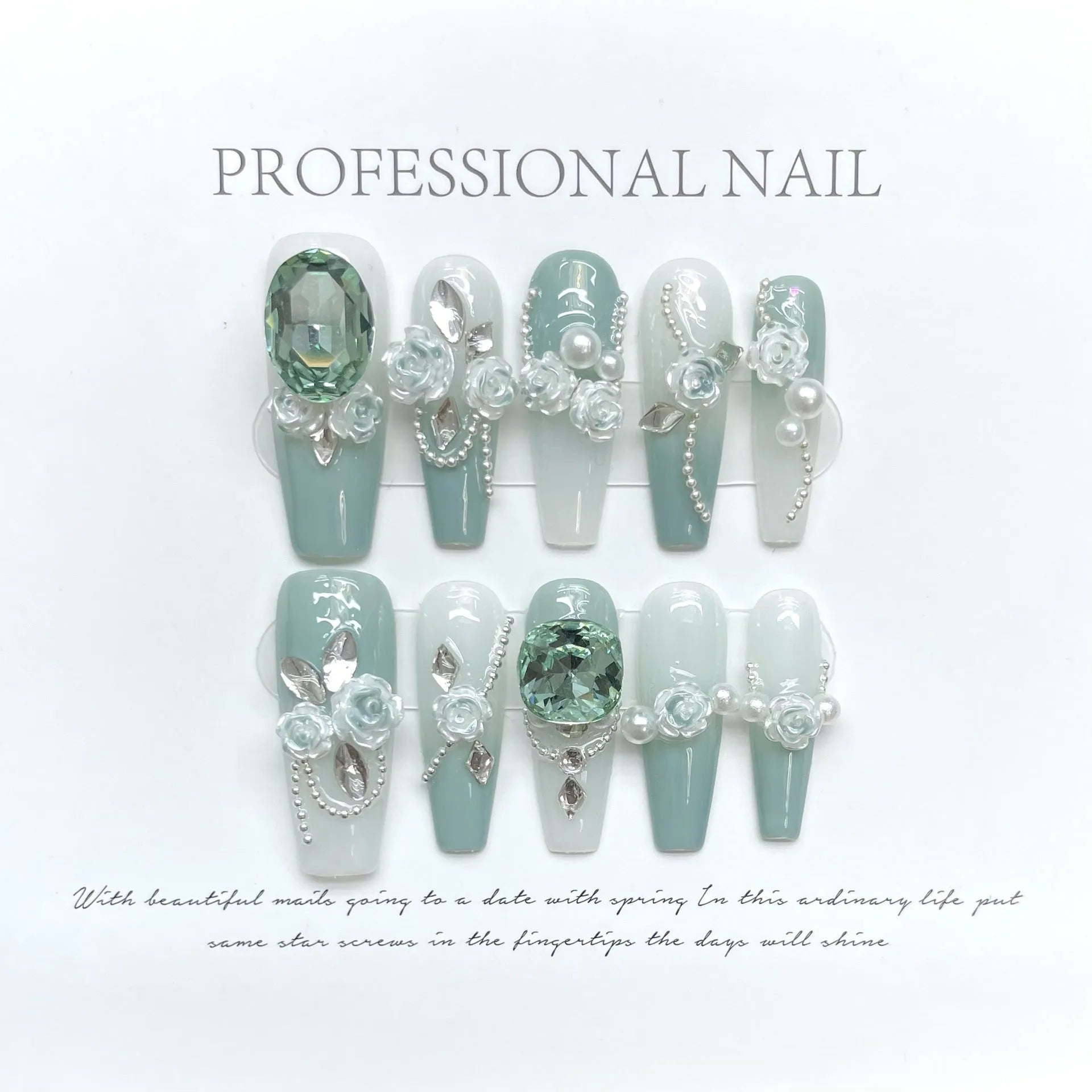 Camellia gradient nail art armour with diamond chains and bow butterfly design in sizes XS S M L