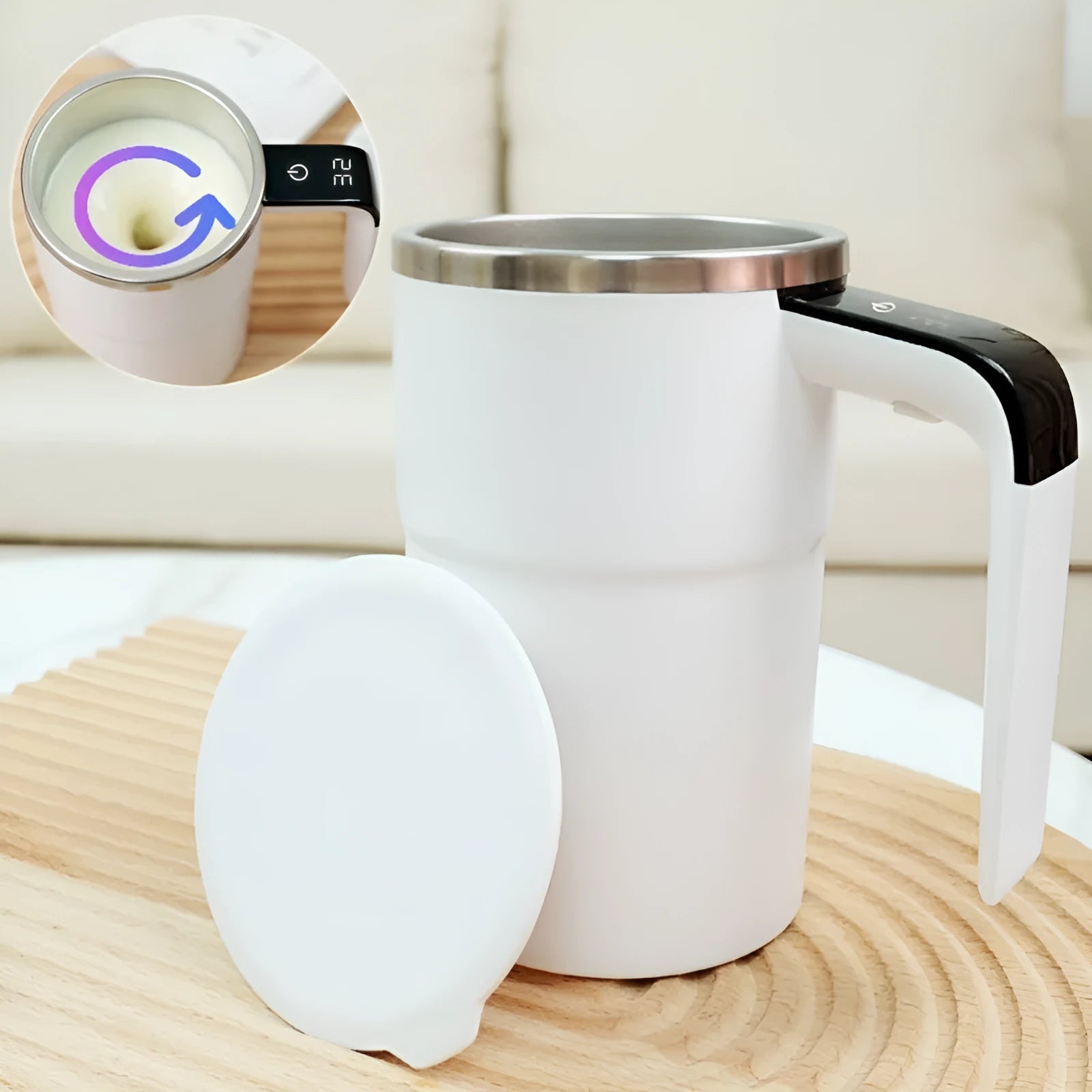 Black electric coffee mug with automatic magnetic stirring and LCD temperature display