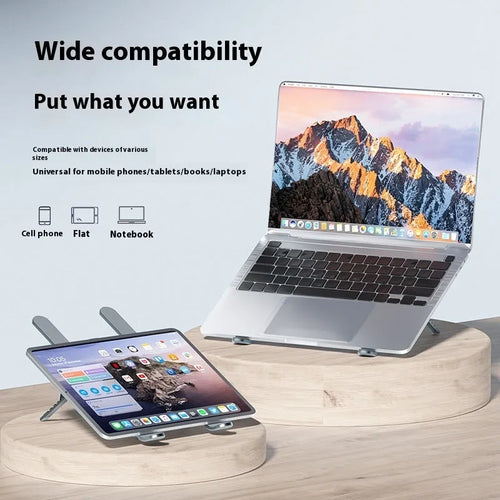 Silver aluminium laptop stand with twin cooling fans in folded position next to cloth storage bag