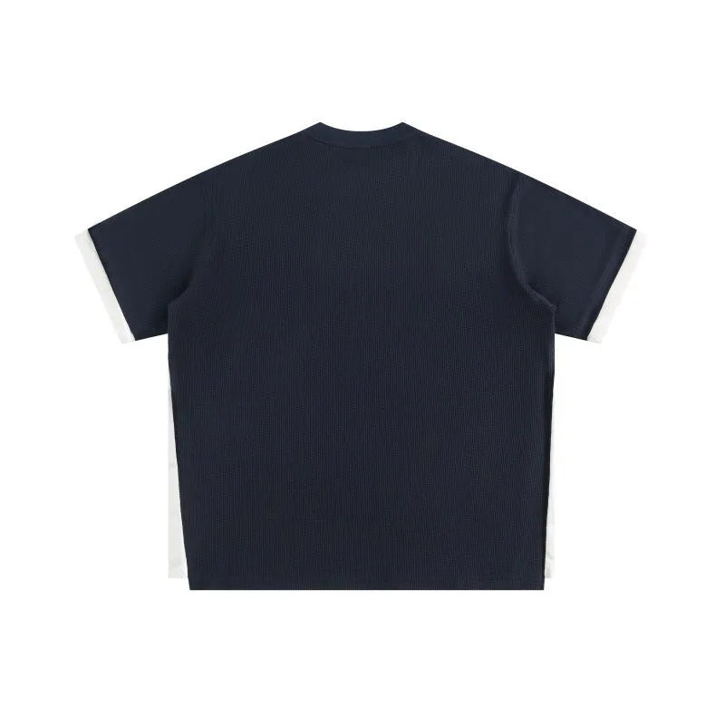 Men's waffle-textured short-sleeved t-shirt with retro alphabet embroidery in loose fit casual style