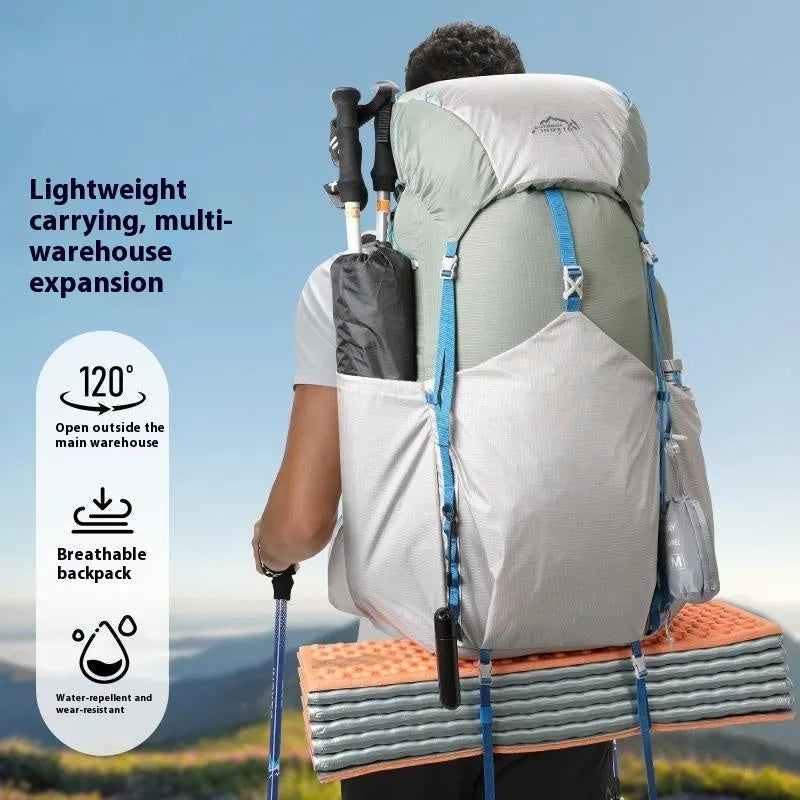 Large capacity hiking backpack in plum colour, polyester material, with optional water bag, outdoor use