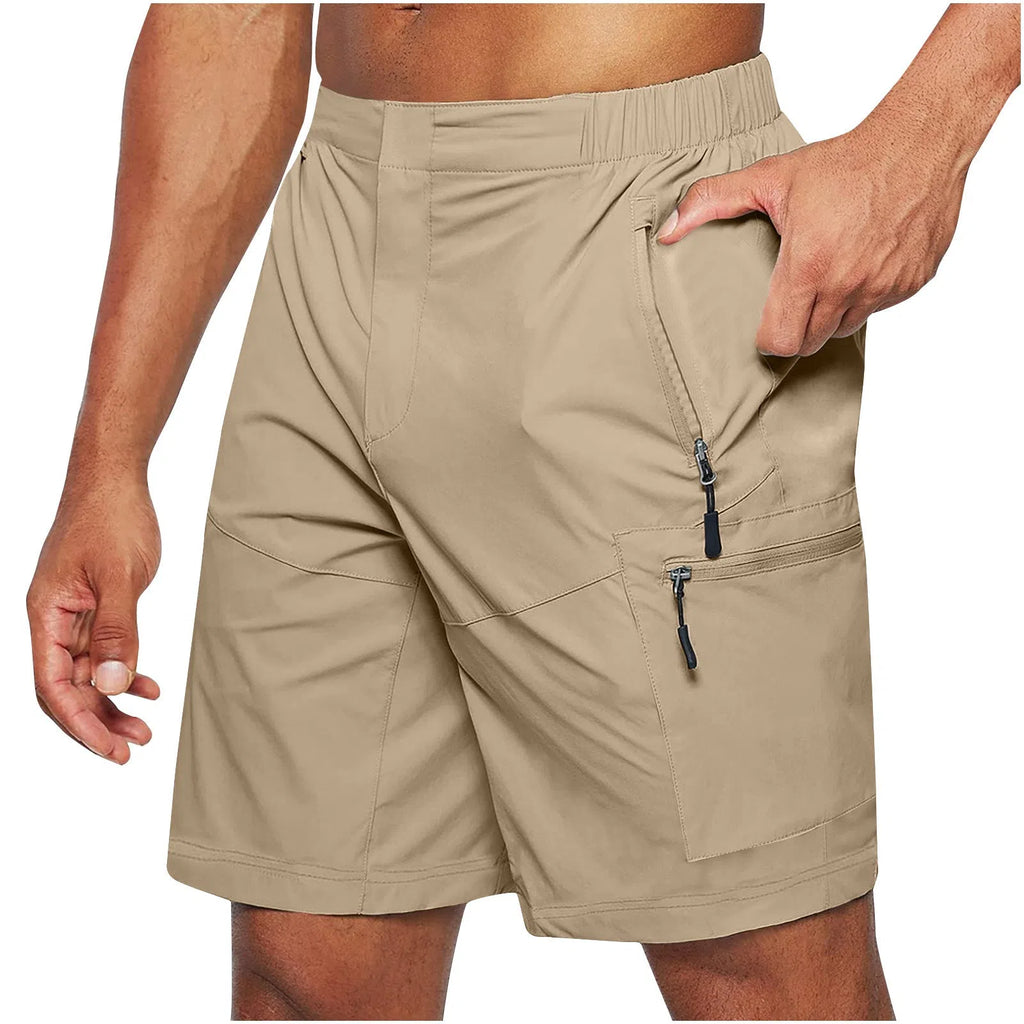 Men's casual knee-length shorts with elastic waist, straight leg, zipper fly, available in six colours.