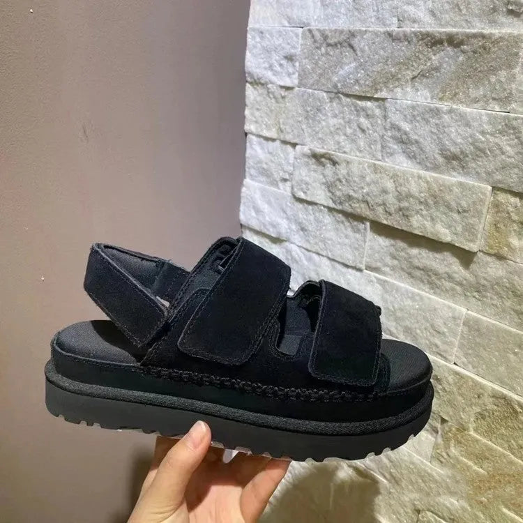Women's maroon plus size suede platform sandals with peep toe and Velcro strap.