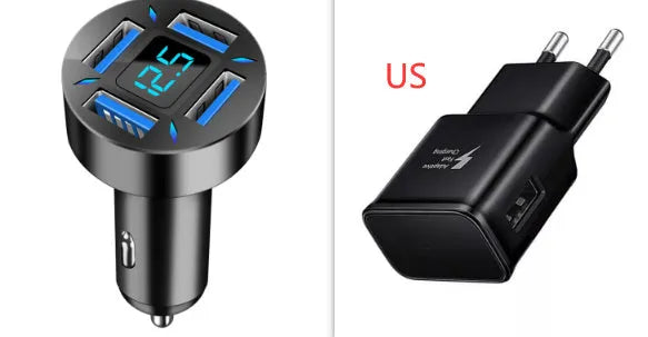 Four-port USB car charger with LED digital voltage display showing 12V.