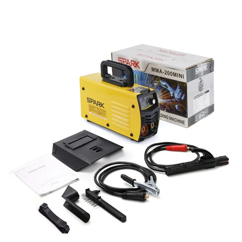 MMA-200MIN small black DC inverter welding machine with red welding tongs, clamp, and face shield on a workbench.