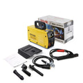 MMA-200MIN small black DC inverter welding machine with red welding tongs, clamp, and face shield on a workbench.