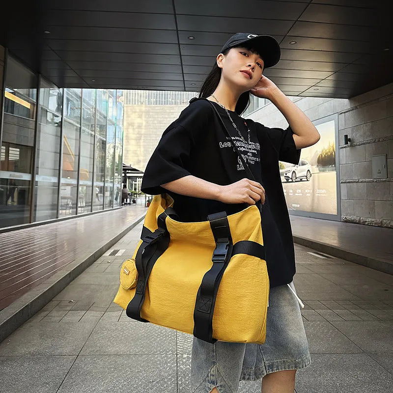 Grey Oxford cloth men's travel shoulder bag with separate coin purse showing large capacity design
