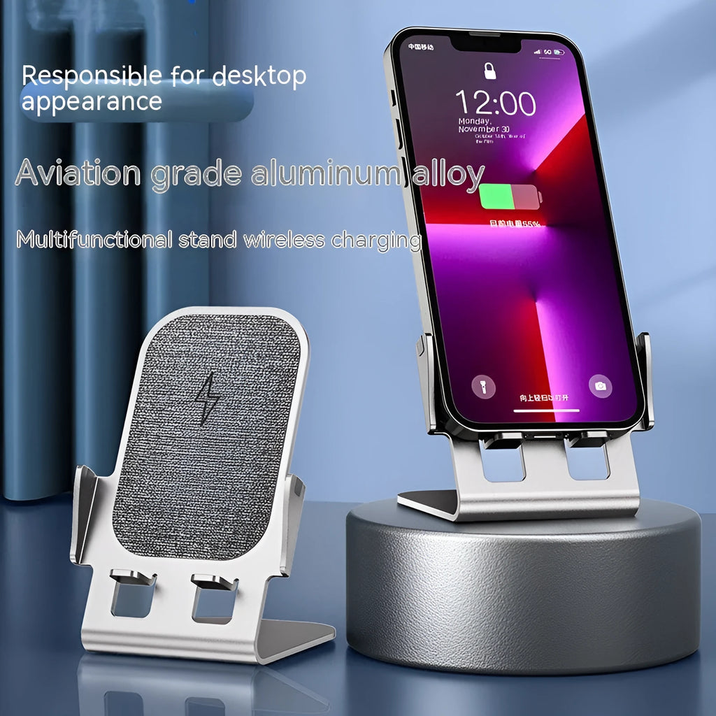 Cyan wireless charging metal desktop stand with aviation aluminium alloy body holding a smartphone upright