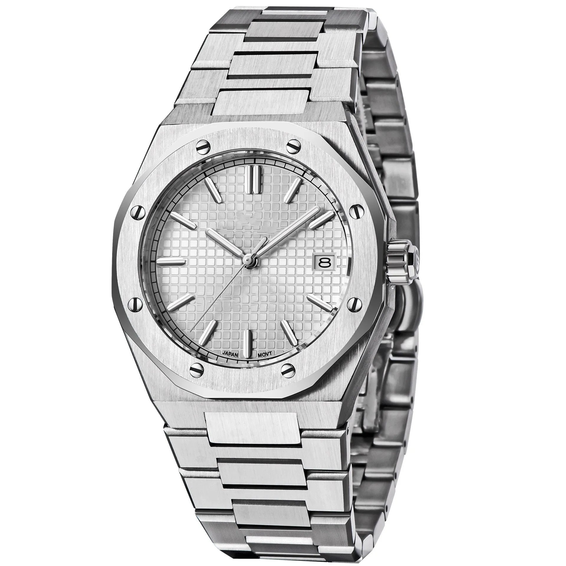 Men's NH35 automatic mechanical watch with stainless steel case and strap, 40mm dial, sapphire mirror, and luminous hands on a white background