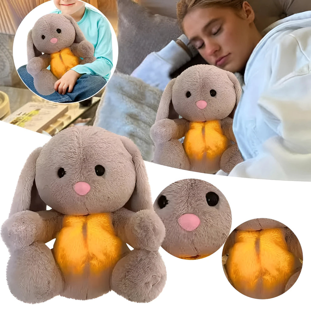 Breathing rabbit plush toy with moving belly showing rhythmic breathing motion for baby comfort
