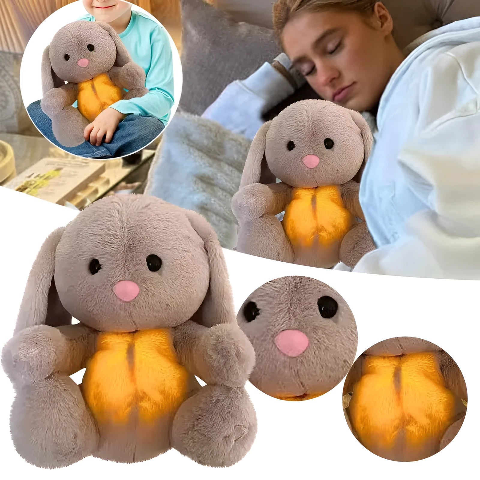Breathing rabbit plush toy with moving belly showing rhythmic breathing motion for baby comfort