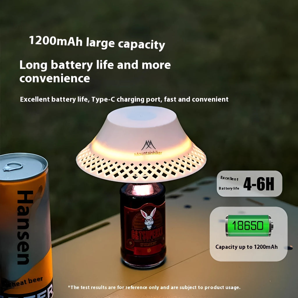 Beige recycled wine bottle camping lantern with USB-C port, showing warm light glow.