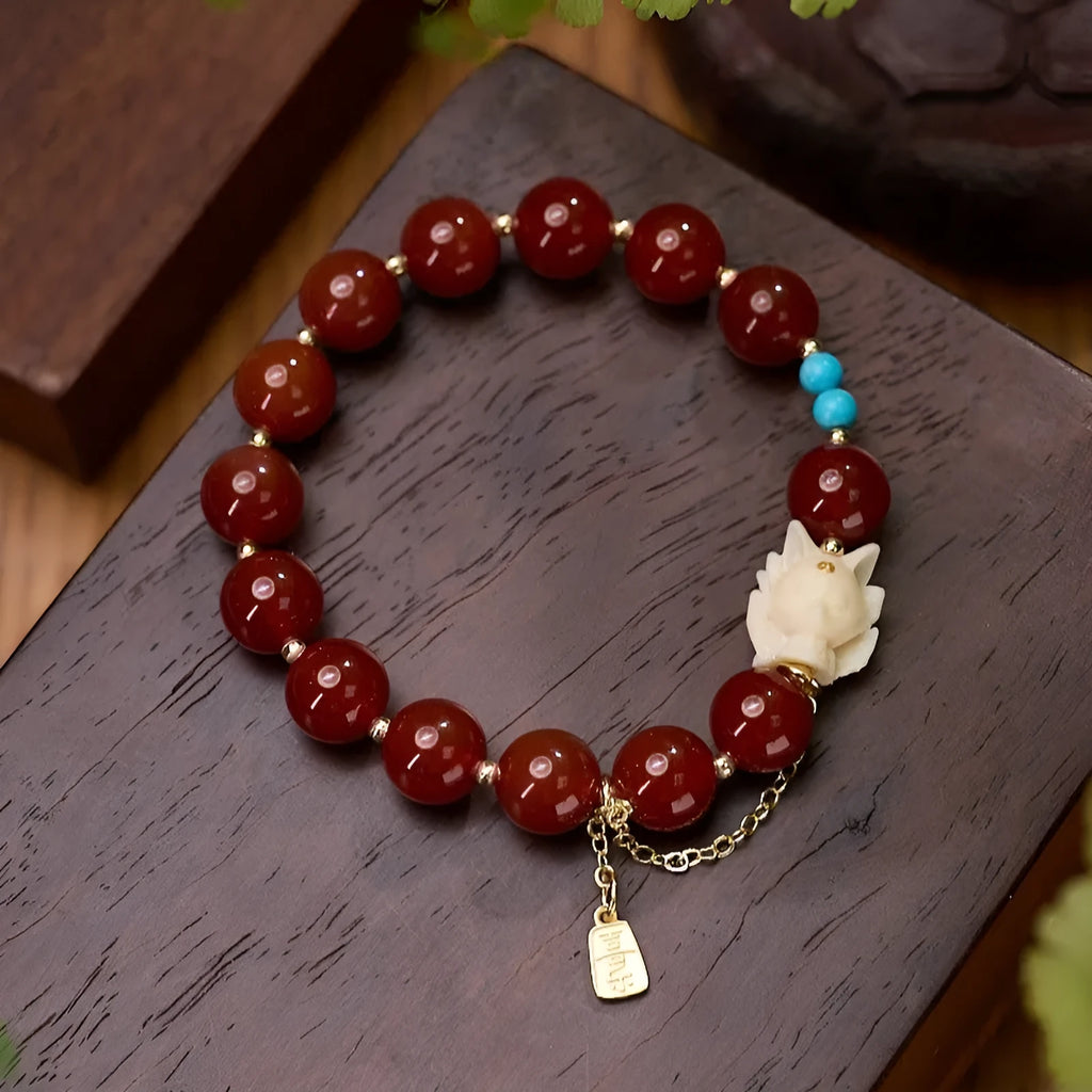 10mm red agate ivory nut round bead bracelet with Phoenix Nine zodiac animal design, retro women's jewellery