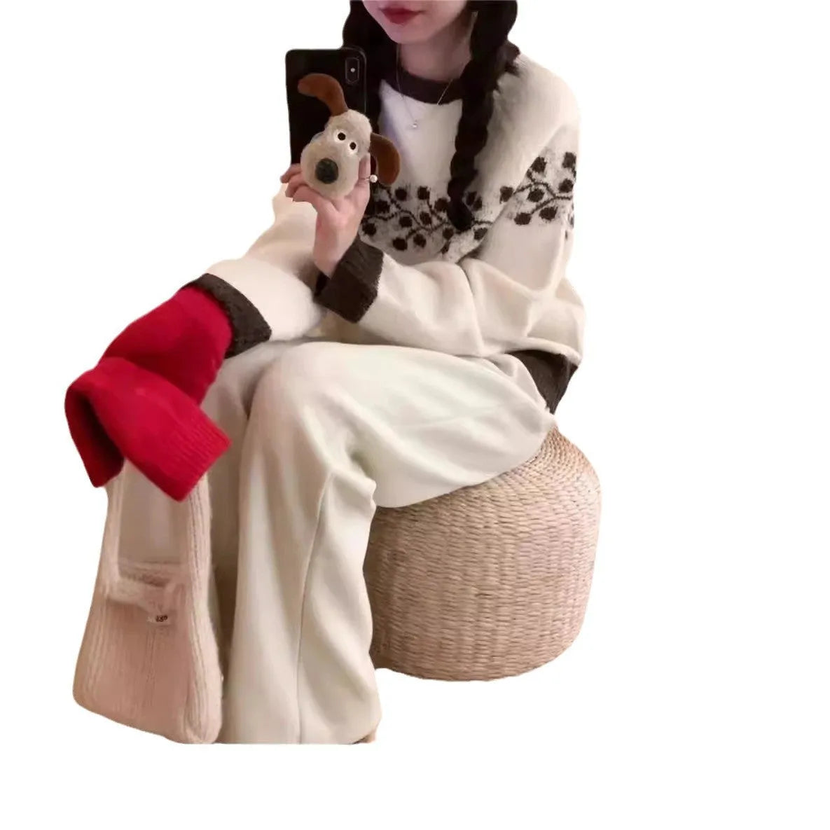 Korean style round neck jacquard colour matching loose knitted pullover sweater in apricot, grey, or brown, average size