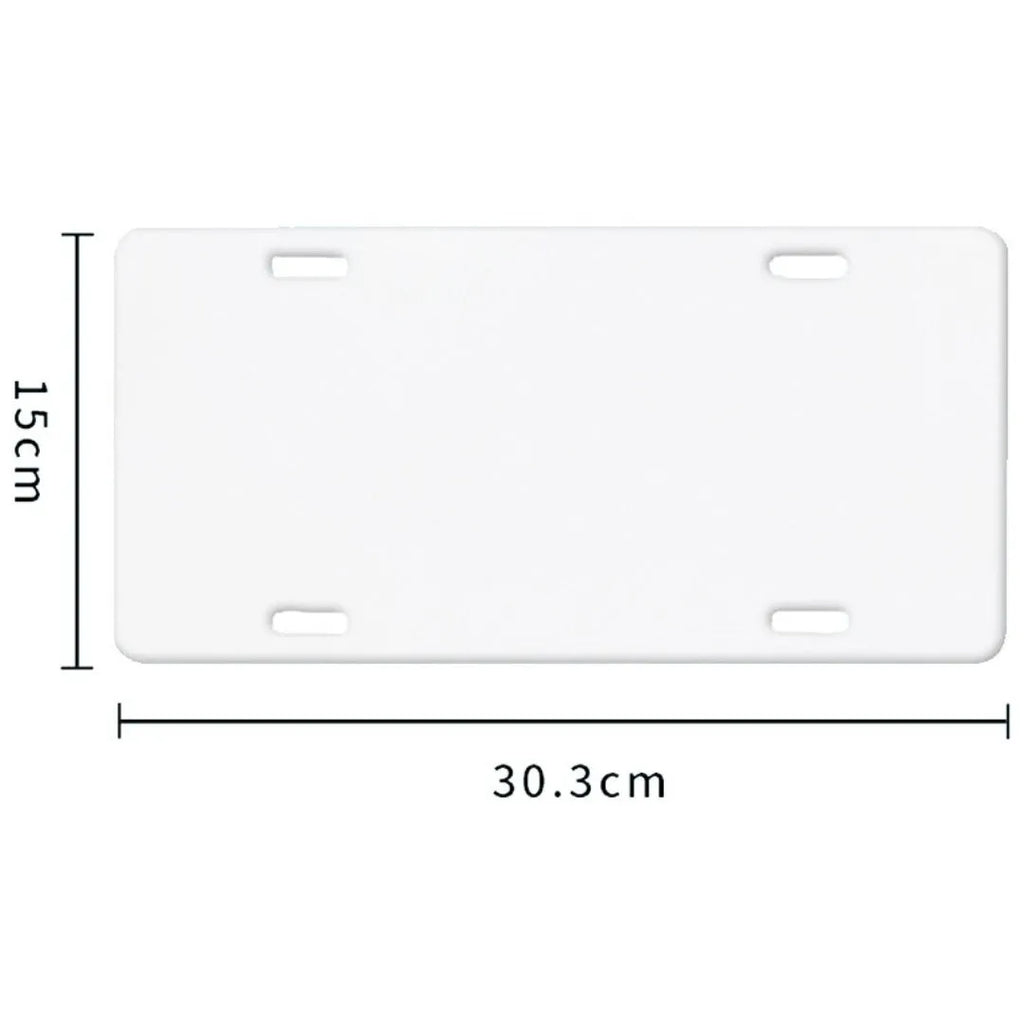 White aluminium blank licence plate showing 30.3 x 15 cm dimensions with four thickness options