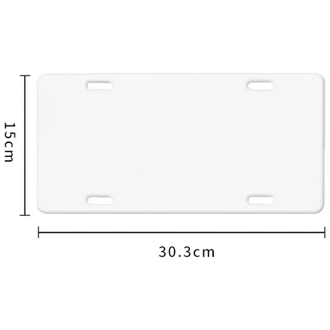 White aluminium blank licence plate showing 30.3 x 15 cm dimensions with four thickness options