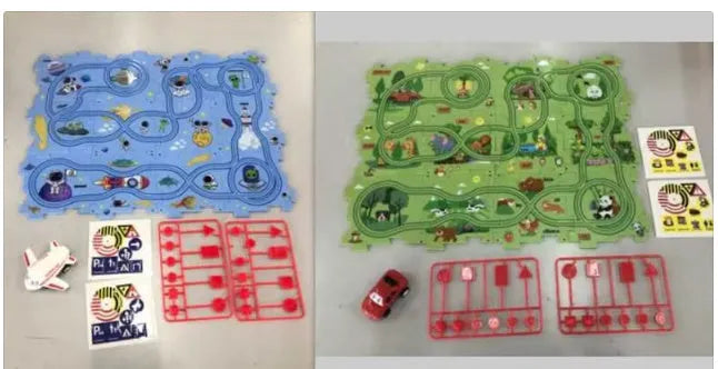 Children puzzle electric railroad speeder with DIY assembly track and automatic car, dinosaur theme