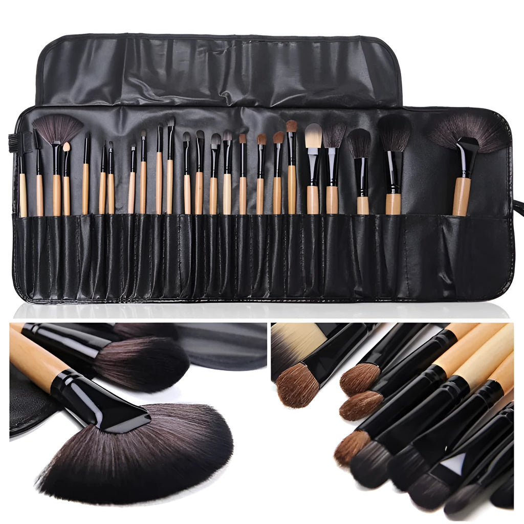 24 piece makeup brush set with wooden handles, man-made fibre bristles and PU case