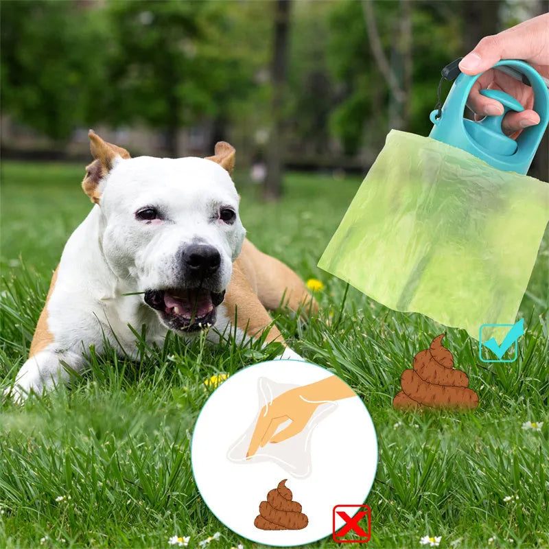 Blue plastic portable dog pooper scooper with built-in bag dispenser and carrying lanyard.