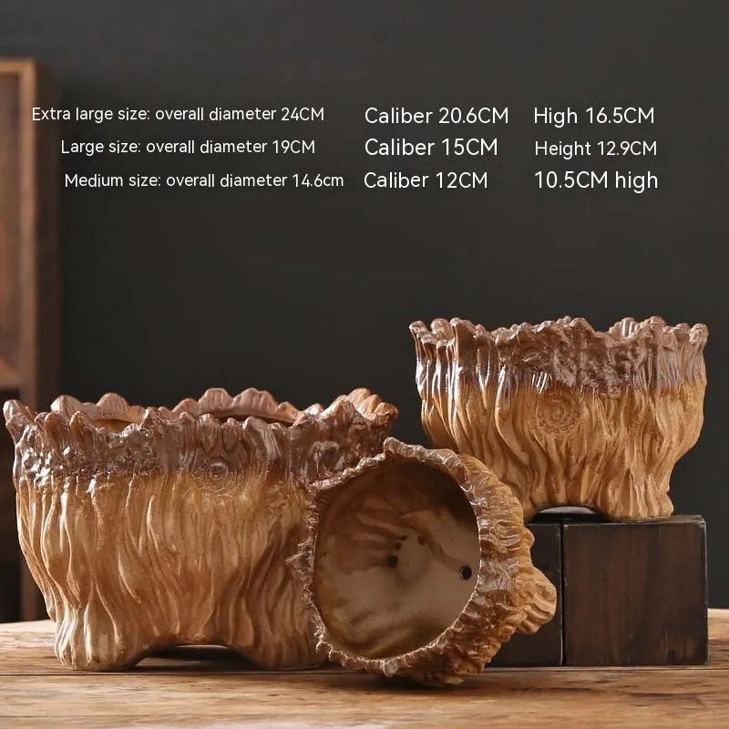 Ceramic wood-shaped tree root flower pot with green plant, large size, pastoral style for home gardening