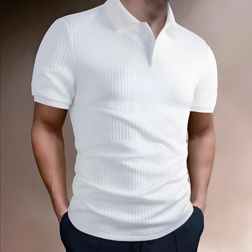 Men's striped polo shirt in loose fit with short sleeves and asymmetric style detail