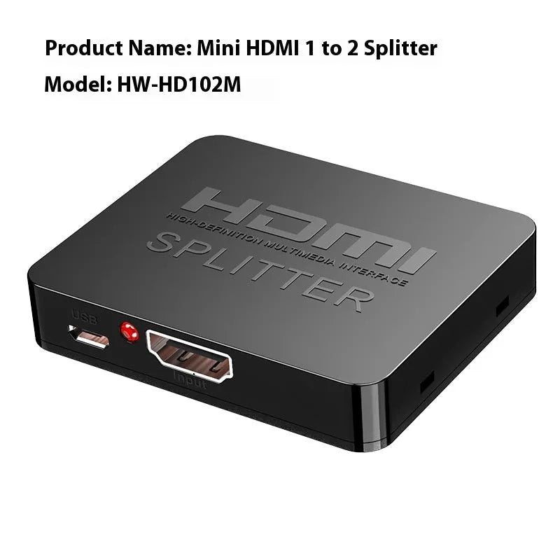 4K HDMI one-to-two splitter distributor with multiple power interface options showing front and rear connections