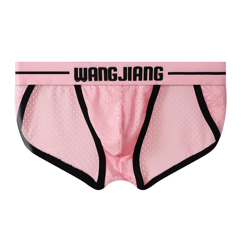 Men's ice silk mesh breathable triangle underwear in black, shown in a briefs style