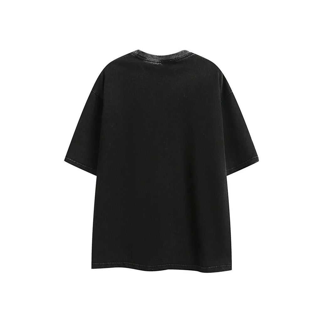 Men's black embroidered retro t-shirt with loose fit cotton construction