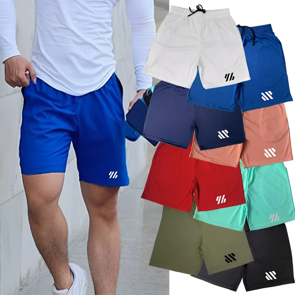 Black metal silk fabric loose running shorts laid flat, showing sports style and unlined construction.