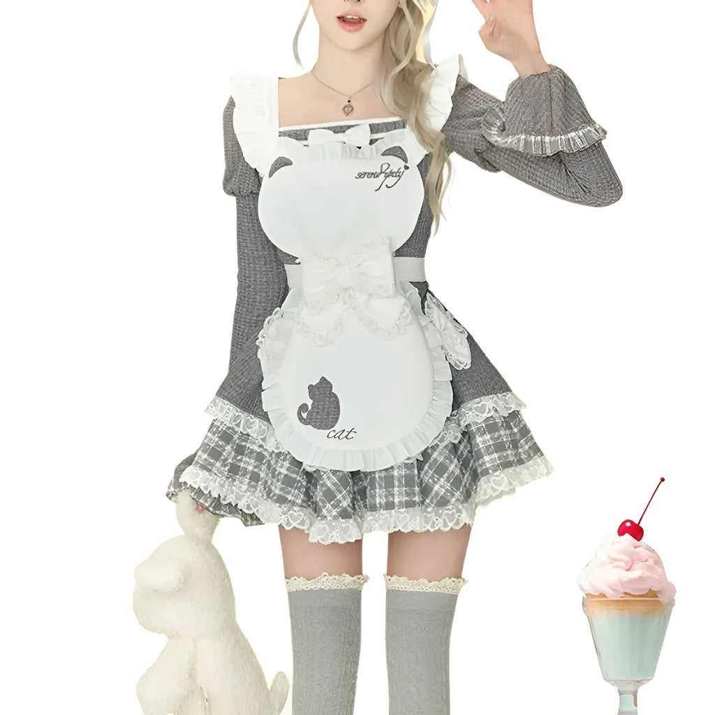 Grey knitted top, kitten embroidered apron, and grey knitted cake dress set for women, three pieces, sizes S and M