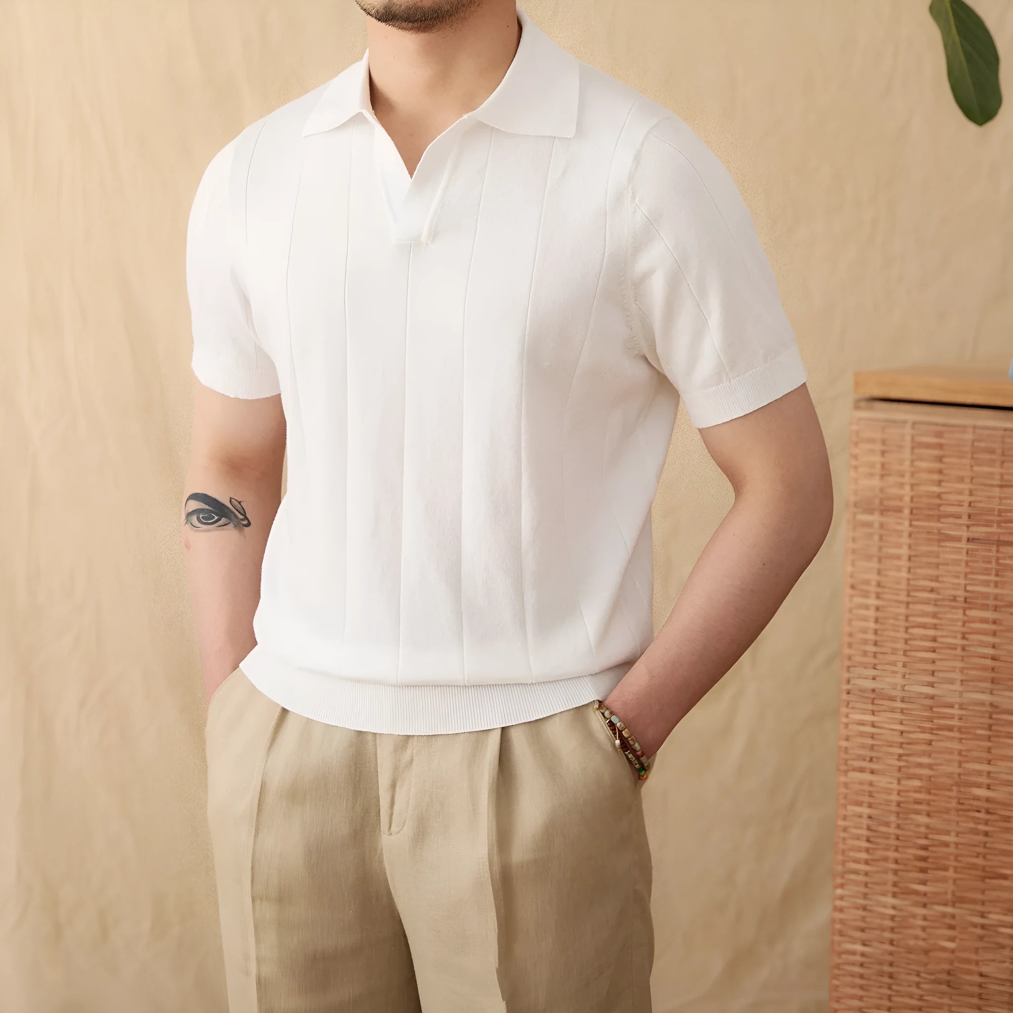Men's purple cotton and ramie knitted polo shirt with sunken stripes and a seagull collar.