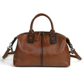 Women's genuine leather handbag in brown, horizontal square shape, with shoulder strap and sandwich pocket