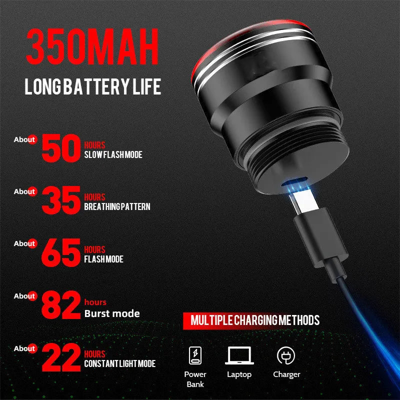 Black aluminium alloy smart bicycle tail light showing USB port and brake-sensing sensor.
