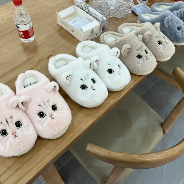 Cute cat plush slippers with non-slip EVA sole, thickened design, available in pink colour on a floor surface