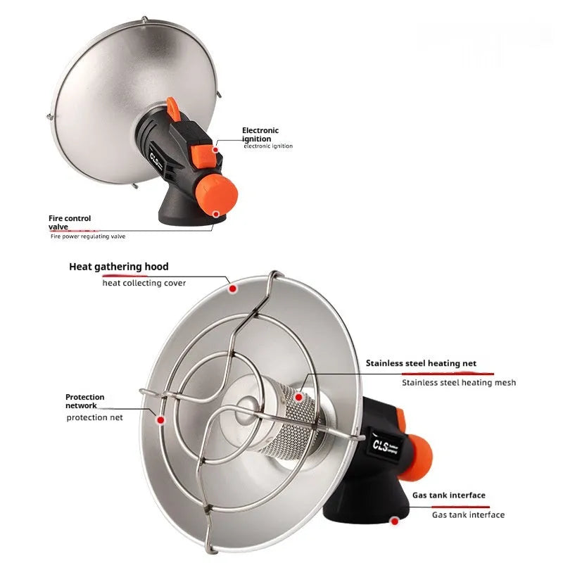 Black and orange portable camping stove with automatic ignition on a rocky outdoor surface.