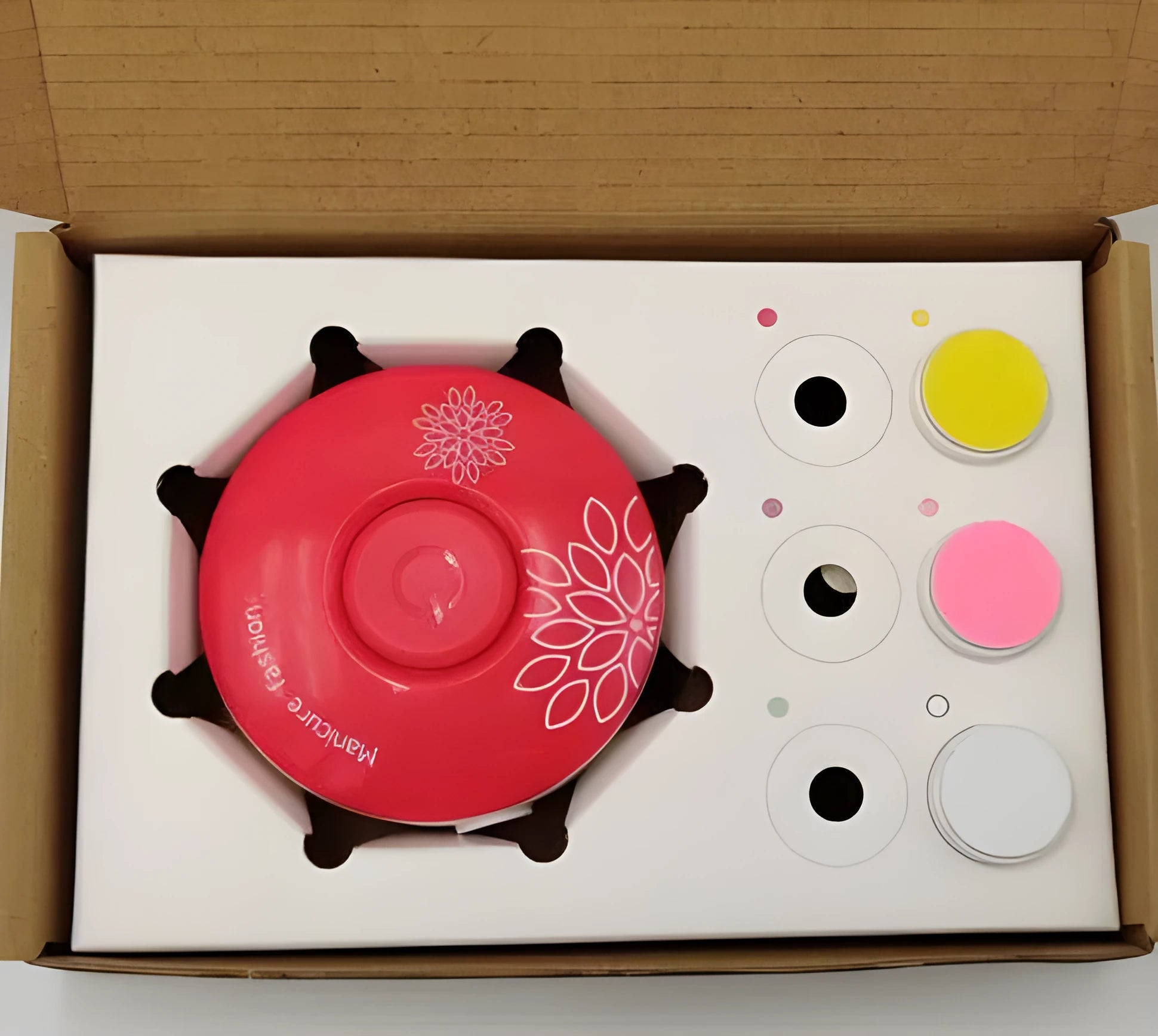 Red and green baby electric nail polisher sets with multiple grinding heads for infant and adult nail care.