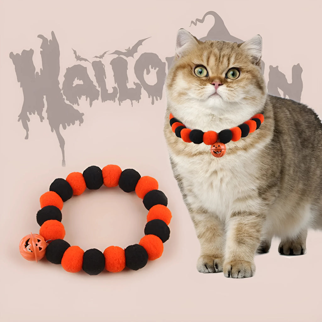 Orange Halloween cat collar with a pumpkin graphic and text, showing the adjustable clasp.