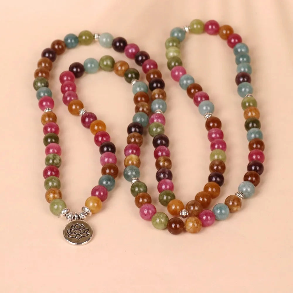 108 bead multi-layer bracelet with lotus hanging ornament in tourmaline colour