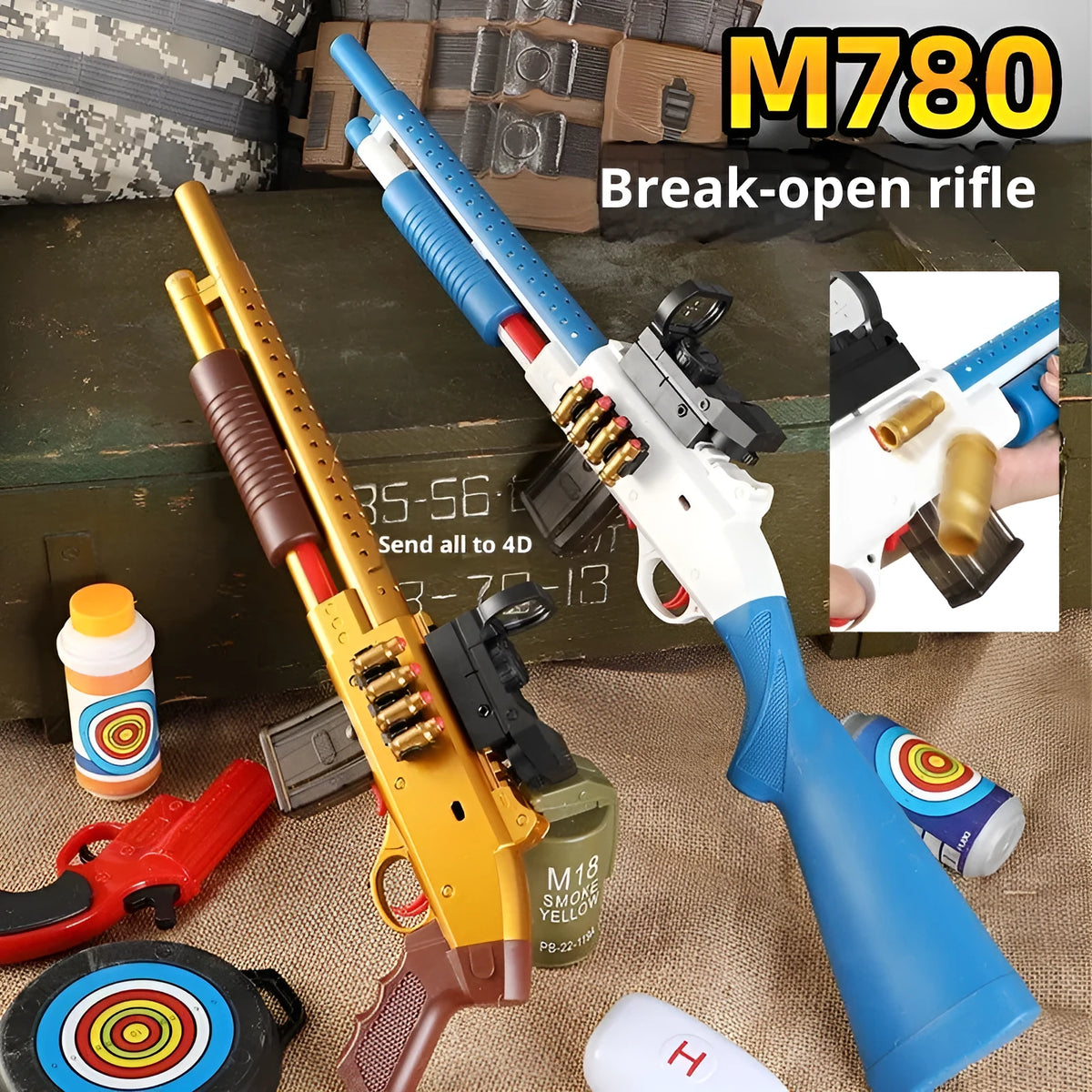 48cm sliding loaded throw shell soft elastic toy model in Laifu Gold or Brown plastic, with sight, magazines, soft bullets and cartridge cases