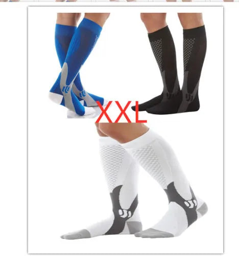 Graduated compression socks for men and women in black, shown in S/M, L/XL, and XXL sizes.