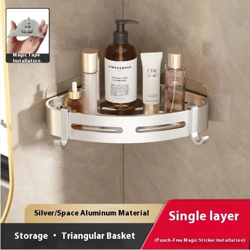 Gun grey triangular bathroom corner shelf with punch-free wall mounting system