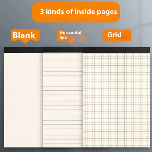 A5, B5, and A4 writing pads with tearable sheets in line, grid, and blank page styles.