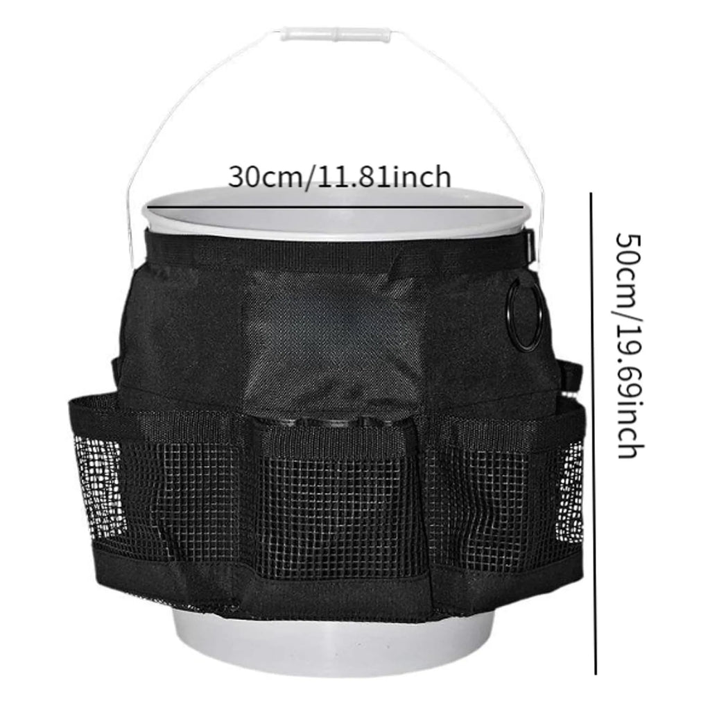 Black cylindrical polyester hanging storage bag for 5 gallon barrel tools and organiser.