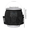 Black cylindrical polyester hanging storage bag for 5 gallon barrel tools and organiser.