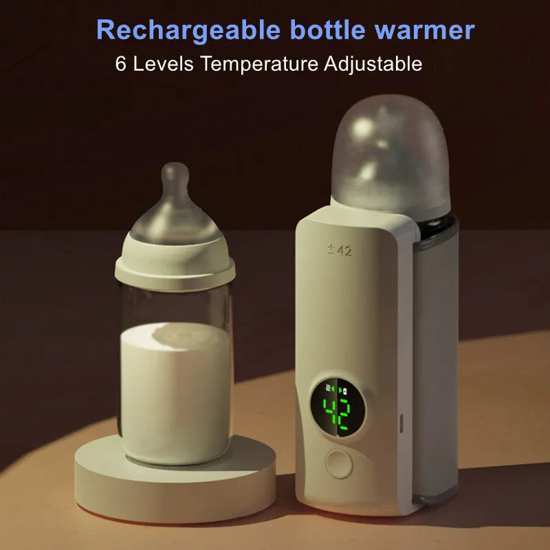 Grey portable baby bottle warmer with USB charging cable and wrap-around heating design