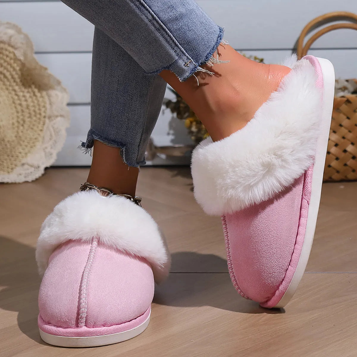Cotton fleece-lined indoor slippers with fur toe cap in beige, flat heel, PVC sole